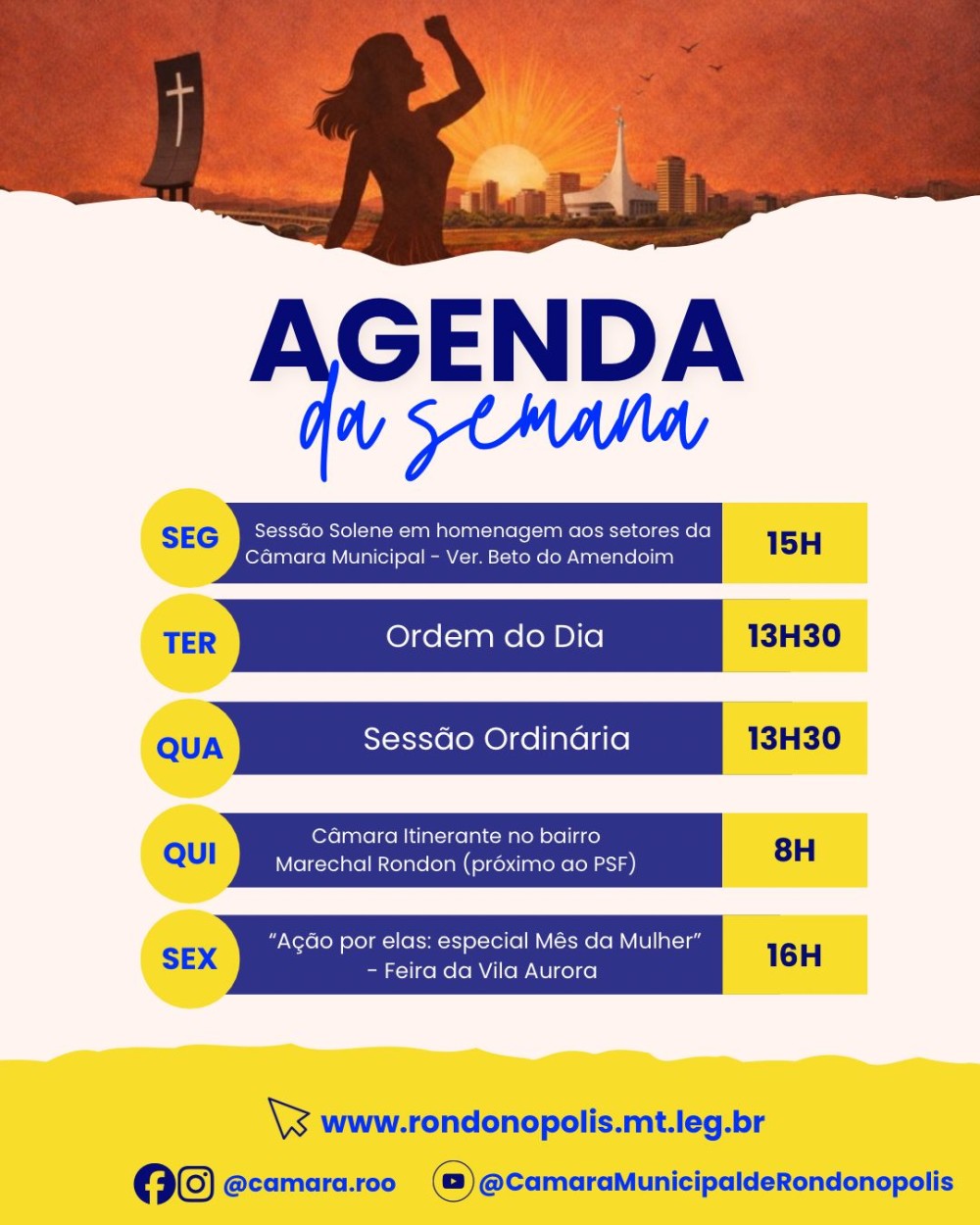 Confira a agenda semanal do dia 02/03 ao dia 06/03